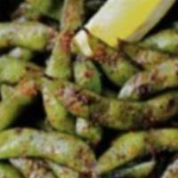 Spicy Edamame · Butter, ichimi, soy base, chili oil, and lemon, Spicy