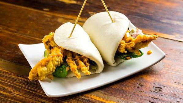Soft Shell Crab Buns · 2 pieces, Fried soft shell crab with scallion, cucumber, greens, and spicy mayo