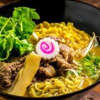 Meijin Miso Beef Ramen · Signature miso flavored broth with corn and sliced beef. Served with rich and creamy beef br...