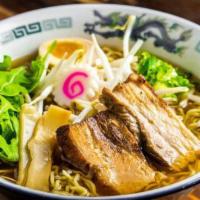 Soy Chicken Ramen · Soy flavored broth with arugula and braised pork, bean sprouts, naruto, green onions, and a ...