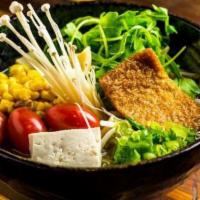 Veggie Veggie Ramen · With cucumber, corn, tomato, enoki mushrooms, and sesame oil. Vegetarian-friendly miso based...