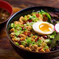 Spicy Soboro Chicken Don · Soboro ground chicken with egg, steamed vegetables, green onions, green bean, chili pepper, ...