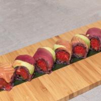 Rainbow Roll · Spicy tuna, scallion wrapped with salmon, tuna, and avocado. *Made with black sushi rice