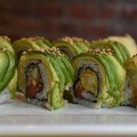 Summer Roll · Salmon, shrimp tempura, cucumber, masago, topped with avocado wrap, and sweet chili sauce
,