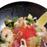 Seafood Ceviche Cold Ramen  (No Broth) · Calamari, baby scallop, shrimps, tuna, salmon, red onion, cilantro, avocado, masago, lemon, ...