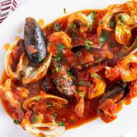 Shrimp Fra Diavolo · With clams and mussels.