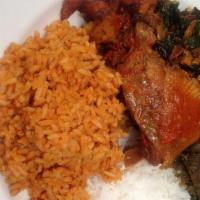 Combination Platter · Popular Menu Item. Served with mixed meat. Fried rice jollof rice with plantain.