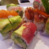 Rainbow Roll · California roll with tuna, salmon, white fish & avocado on top.