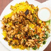Chicken Gyro Platter · Thin slices of shredded marinated chicken from a rotisserie served over rice, salad, and whi...