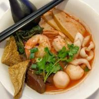 Yen Ta Fo Noodle Soup · Your choice of noodle with shrimp, calamari, fish balls, sliced fish cake, fried tofu, pork ...