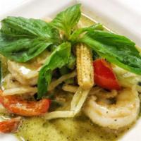 Green Curry · Thai green curry with your choice of meat, bell pepper, bamboo shoot, baby corn, green bean ...