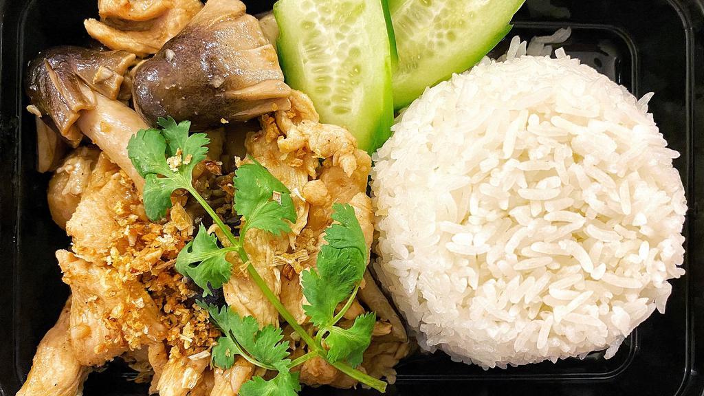 Pad Gra Tiam · Sautéed with your choice of meat and mushroom in garlic sauce. Topped with cilantro and cucumber. Served over steamed rice.