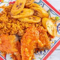 Jollof Rice · With assorted meat or chicken and plantain.