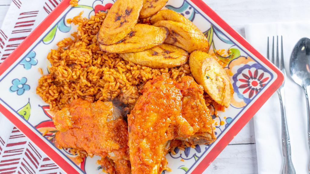 Jollof Rice · With assorted meat or chicken and plantain.