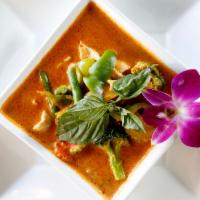 Red Curry · Gluten-free. Spicy. Bamboo, eggplant, red pepper, and basil.