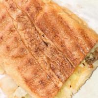 Cuban Sandwich · seasoned shredded Roasted pork (pernil) slabbed under ham, mayo & melted swiss cheese. toppe...