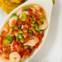 Shrimp Salad (Ceviche) · Shrimp cured in lime served in cilantro, tomato and onions.
Served cold.