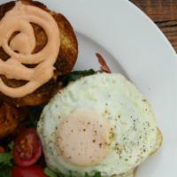 Country Egg Brioche · Fried cage-free egg, ham, garlic greens, and sriracha aioli on gruyere brioche with with pot...