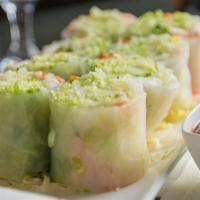 Shrimp Summer Roll · Shrimp, lettuce, cucumber, carrot, noodle, cilantro and basil wrapped in rice paper roll.