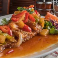 Pla Sam Rod · Crispy whole red snapper topped with onion, bell pepper and sweet chili sauce.