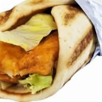 Fish On Pita (2 Pieces) · Deep fried breaded smell free white fish (2 pieces) served on pita with choice of salad and ...