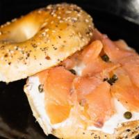 The L.O.X. (Bagel With Lox) · Your choice of bagel toasted with cream cheese, thinly sliced smoked salmon, capers