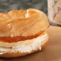 The G.B.A. Breakfast Sandwich · Your choice of bagel with real egg, cream cheese, and pepper jelly.