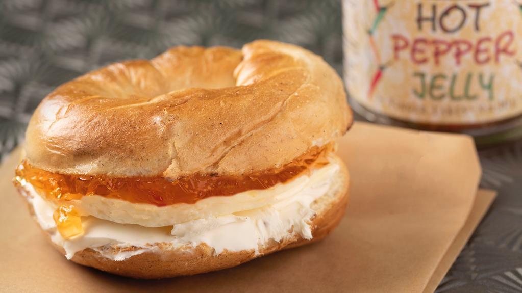The G.B.A. Breakfast Sandwich · Your choice of bagel with real egg, cream cheese, and pepper jelly.