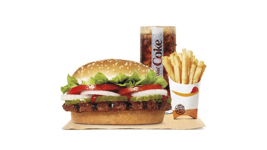 Impossible™ Whopper® Meal · Our Impossible™ WHOPPER® has a flame-grilled patty made from plants with tomatoes, lettuce,mayonnaise,ketchup,pickles,and onions on a bun. 100% WHOPPER®, 0% Beef. Meal comes in medium and large.Choice of Fries or Onion Rings and drink to make a meal
