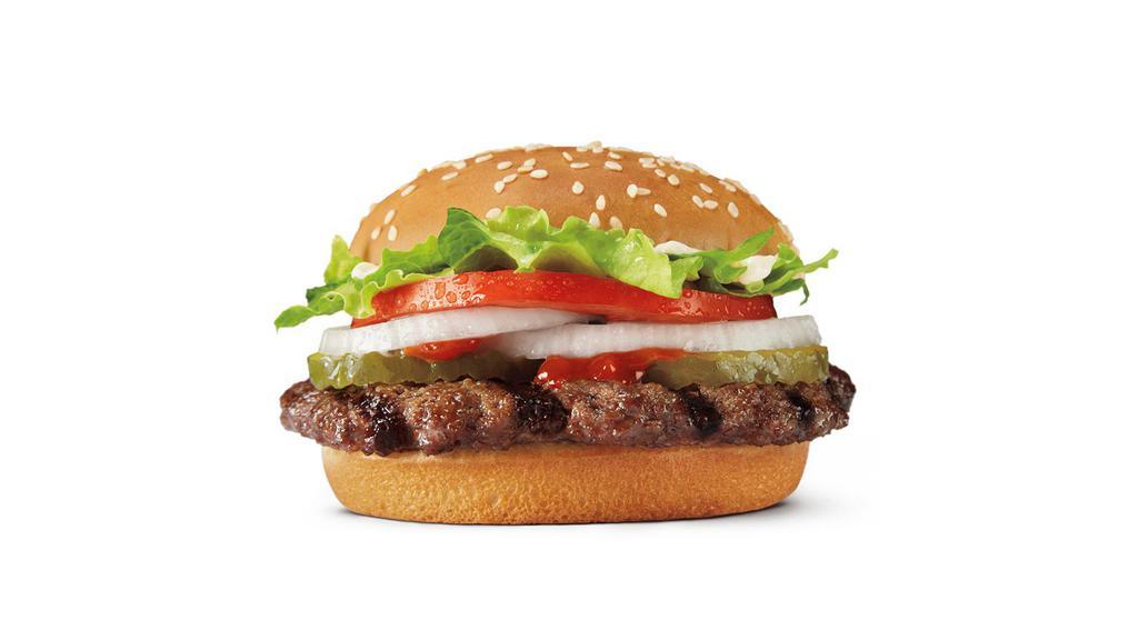 Whopper Jr.® · Our WHOPPER® Jr. Sandwich features one savory flame-grilled beef patty topped with juicy tomatoes, fresh lettuce, creamy mayonnaise, ketchup, crunchy pickles, and sliced white onions on a soft sesame seed bun.
