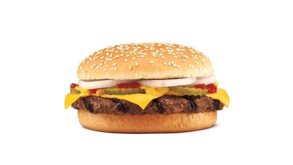 Quarter Pound King™ · Featuring flame-grilled 100% beef, topped with all of our classic favorites: American cheese, freshly sliced onions, zesty pickles, ketchup, & mustard all on a toasted sesame seed bun. *Weight based on pre-cooked patties.