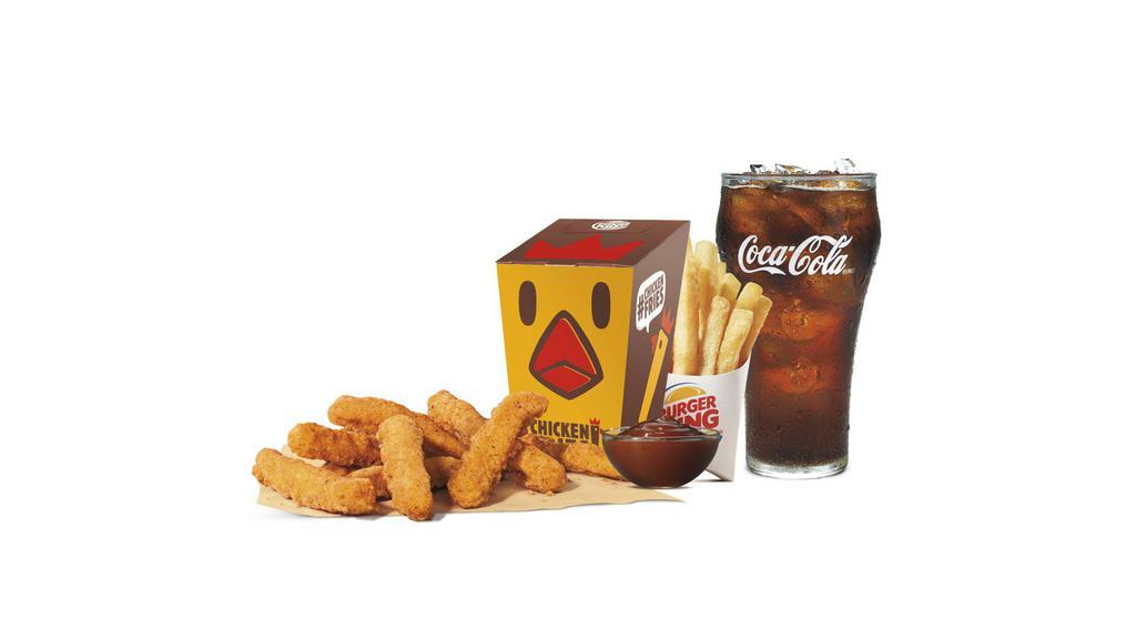 9Pc Chicken Fries Meal · Made with white meat chicken, our Chicken Fries are coated in a light crispy breading seasoned with savory spices and herbs. Chicken Fries are shaped like fries and are perfect to dip in any of our delicious dipping sauces. Choose from BBQ, Honey Mustard, Ranch, Zesty, Buffalo and Sweet & Sour. Meal comes in medium and large sizes with a side of piping hot, thick cut French Fries and a fountain drink of your choice to make it a meal.