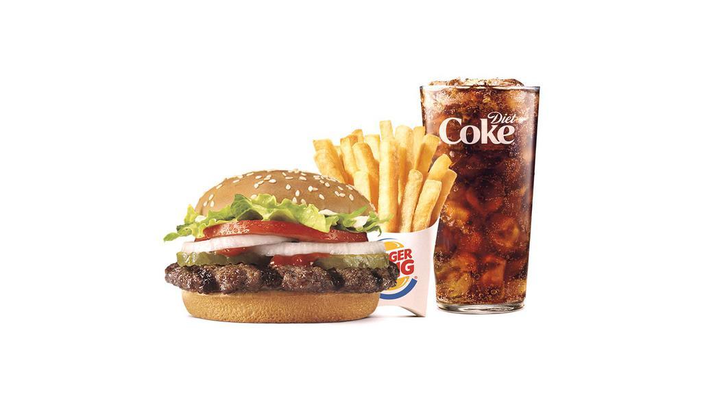 Whopper Jr.® Meal · Our Whopper Jr. Sandwich features one savory flame-grilled beef patty topped with juicy tomatoes, fresh lettuce, creamy mayonnaise, ketchup, crunchy pickles, and sliced white onions on a soft sesame seed bun. Meal comes in medium and large sizes with a side of piping hot, thick cut French Fries and a fountain drink of your choice to make it a meal.