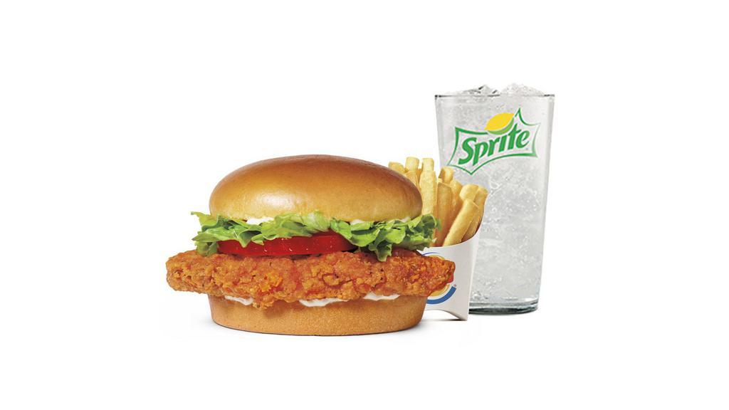 Ch'King Meal · Our Hand-Breaded Crispy Chicken Sandwich is made with 100% white meat chicken breast, hand-battered and breaded in a light and crispy coating, topped with savory sauce and crunchy pickles on a buttered, toasted bun. Meal comes in M and L.