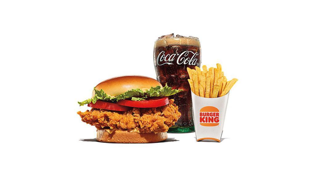 Ch'King Deluxe Meal · Our Hand-Breaded Crispy Chicken Sandwich is made with 100% white meat chicken breast, hand-battered and breaded in a light and crispy coating, topped with savory sauce, lettuce, and tomato all on a toasted bun. Meal comes in M and L.