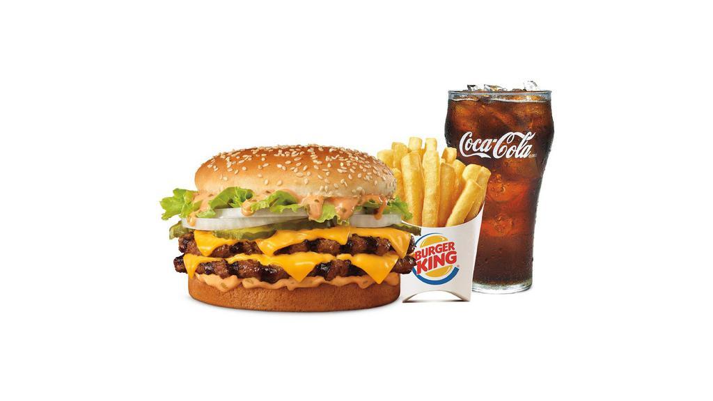 Big King Xl Meal · Featuring more than 1/2 lb* of flame-grilled 100% beef, topped with American cheese, sliced onions, zesty pickles, crisp lettuce and our special Stacker sauce all on a toasted sesame bun. 
 *Weight based on pre-cooked patties.