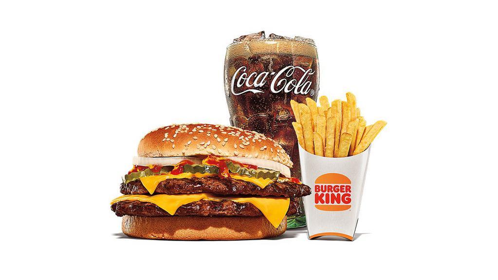 Double Quarter Pound King™ Meal · Featuring more than ½ lb.* of flame-grilled 100% beef, topped with all of our classic favorites: American cheese, freshly sliced onions, zesty pickles, ketchup, & mustard all on a toasted sesame seed bun. Meal comes in medium and large sizes with a side of piping hot, thick cut French Fries and a fountain drink of your choice to make it a meal.*Weight based on pre-cooked patties.
