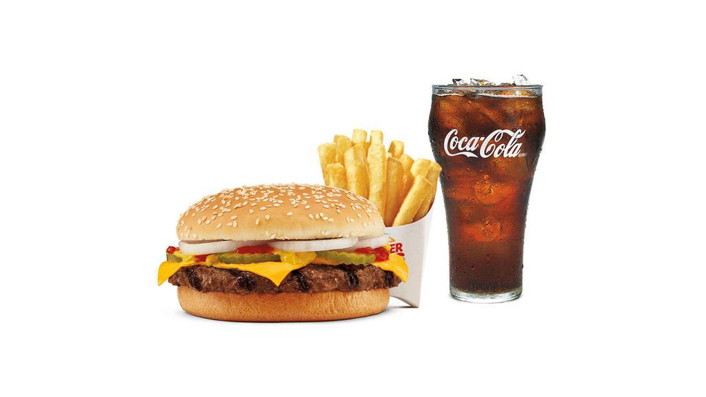 Quarter Pound King™ Meal · Featuring flame-grilled 100% beef, topped with cheese, sliced onions, pickles, ketchup, & mustard on a sesame bun. *Weight based on pre-cooked patties.Choice French Fries or Onion Rings and a drink to make it a meal, comes in medium and large