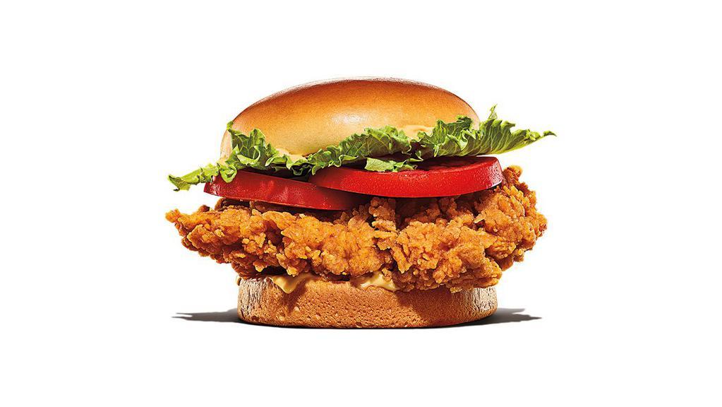 Ch'King Deluxe · Our Hand-Breaded Crispy Chicken Sandwich is made with 100% white meat chicken breast, hand-battered and breaded in a light and crispy coating, layered with a creamy savory sauce, fresh lettuce, and ripe tomato all on a toasted bun.