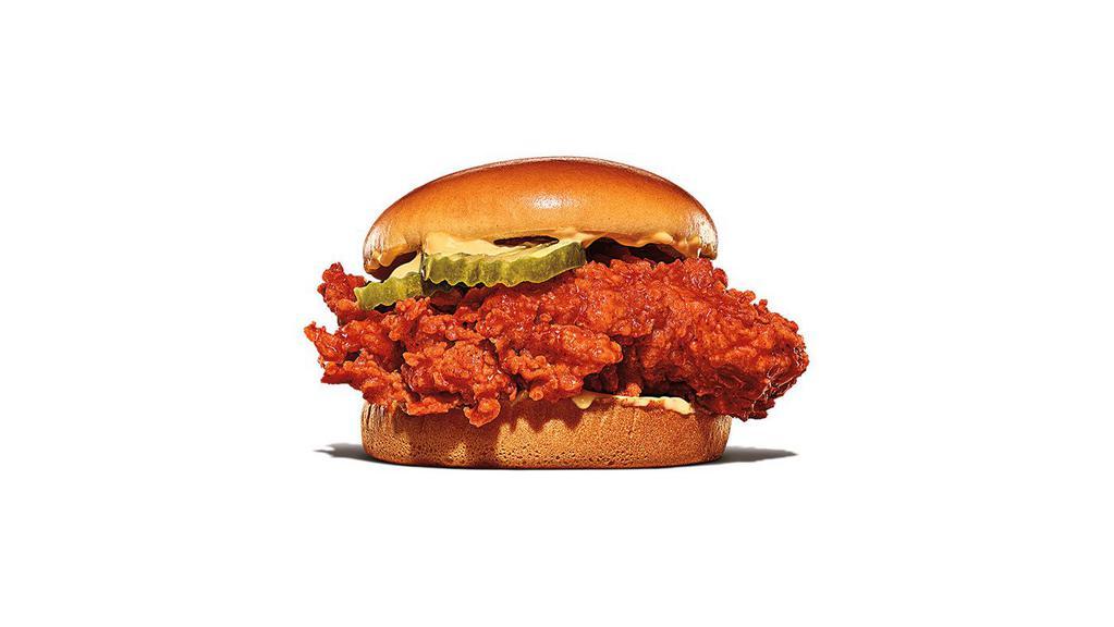Spicy Ch'King · Our Spicy Hand-Breaded Crispy Chicken Sandwich is made with seasoned 100% white meat chicken breast, hand-battered and breaded in a crispy coating, drizzled in a spicy glaze, and topped with a creamy savory sauce and pickles on a toasted potato bun.