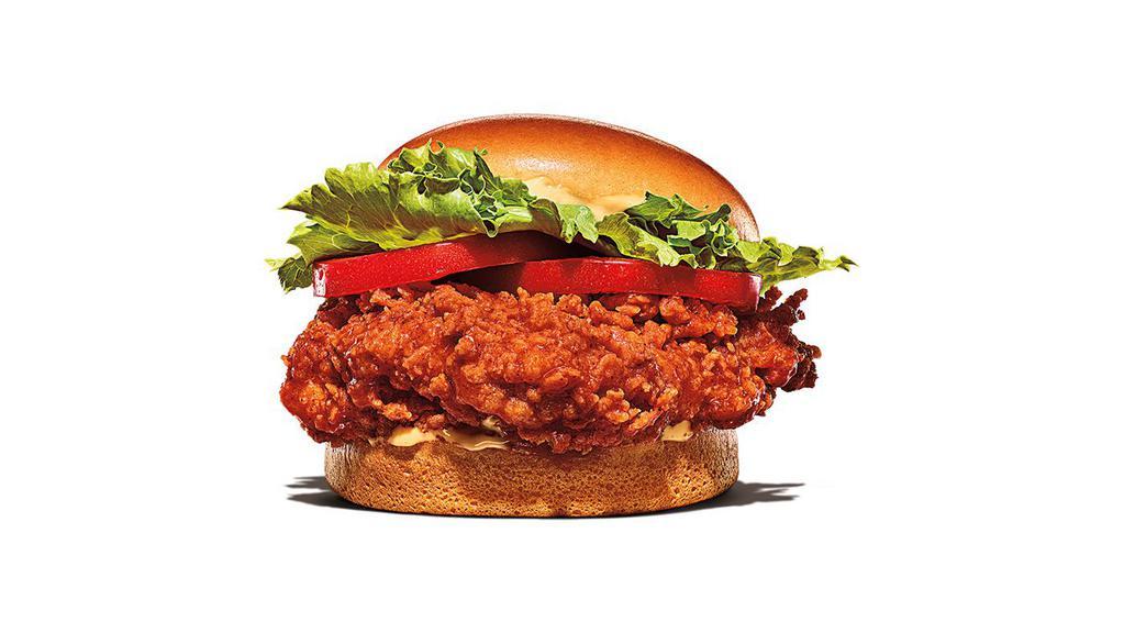 Spicy Ch'King Deluxe · Our Spicy Hand-Breaded Deluxe Crispy Chicken Sandwich is made with a seasoned 100% white meat chicken breast, hand-battered and breaded in a light coating, layered with a creamy savory sauce, fresh lettuce, and ripe tomato all on a toasted bun.