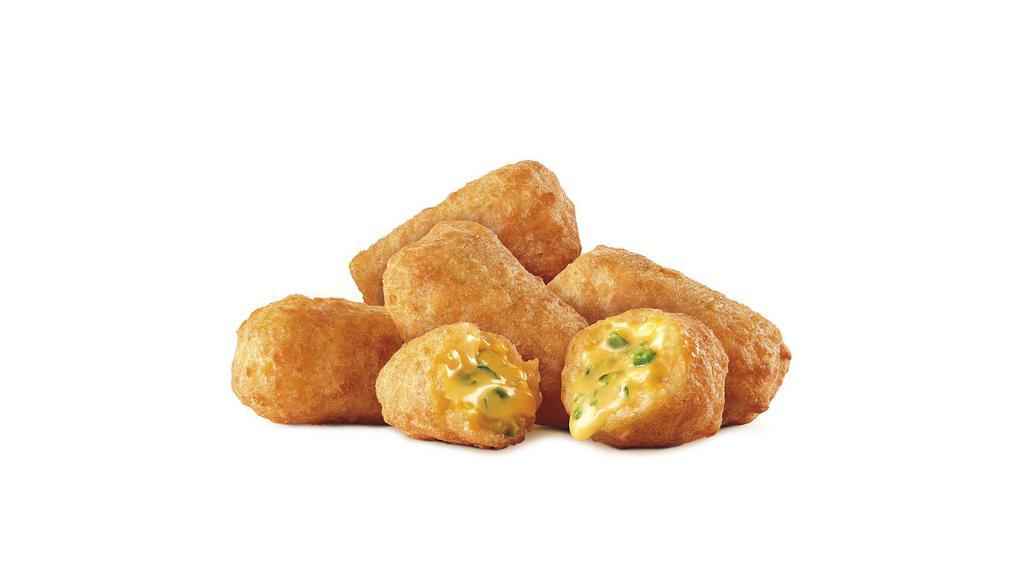 8Pc Jalapeno Cheddar Bites · Our Jalapeño Cheddar Bites are filled with gooey cheddar cheese and spicy jalapeño pieces, covered in a light, crispy coating. Served hot and melty with your order.
