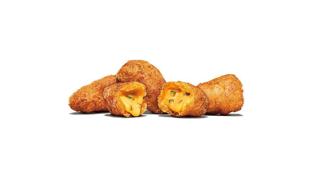 4Pc Jalapeno Cheddar Bites · Our Jalapeño Cheddar Bites are filled with gooey cheddar cheese and spicy jalapeño pieces, covered in a light, crispy coating. Served hot and melty with your order.