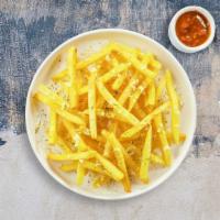 Cheesy Drizzled Fries · Idaho potato fries cooked until golden brown and garnished with salt and melted cheddar chee...