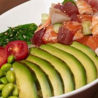 Bara Chirashi Poke Bowl · Ahi tuna, salmon, yellowtail, shrimp, cucumber and green onions mixed in poke sauce; served ...