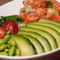 Salmon Poke Bowl · Salmon served with cucumber and green onions mixed. in poke sauce. Enhanced with grape tomat...