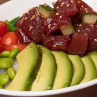 Ahi Tuna Poke Bowl  · Ahi Tuna served with cucumber and green onions mixed in poke sauce. Enhanced with grape toma...