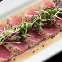 Seared Tuna · Seared Tuna with a creamy wasabi sauce; topped with organic micro greens