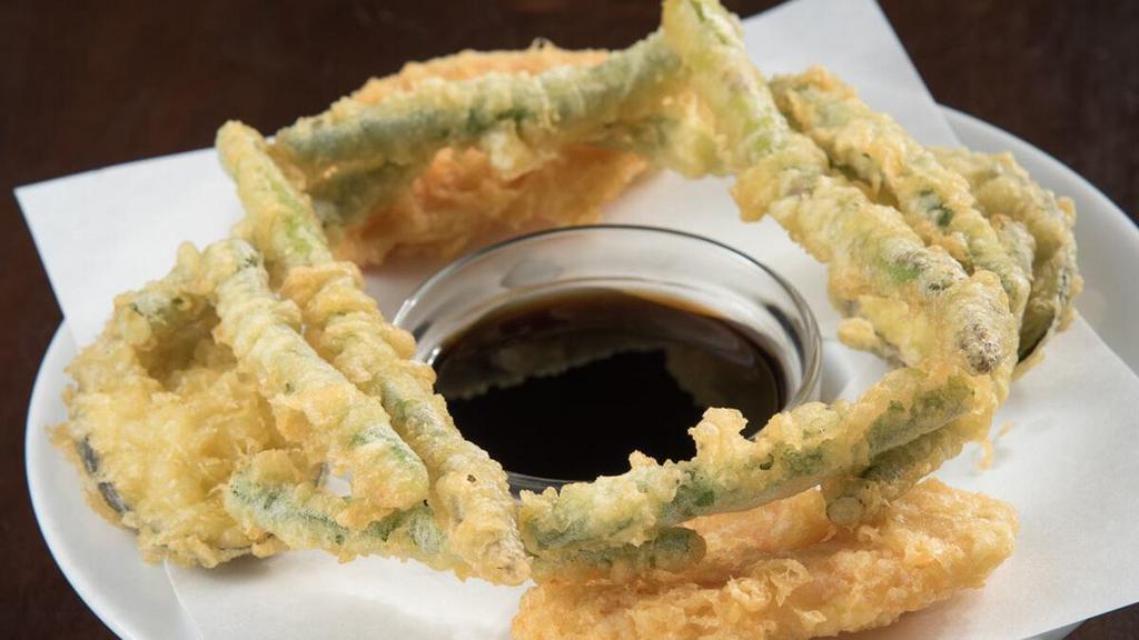 Vegetable Tempura · Lightly battered asparagus, shiitake, zucchini, bell peppers and onion rings, served with dipping sauce
