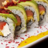 Crazy Monkey Roll · Smoked salmon, mango and cream cheese rolled and topped with avocado, red tempura bits and s...